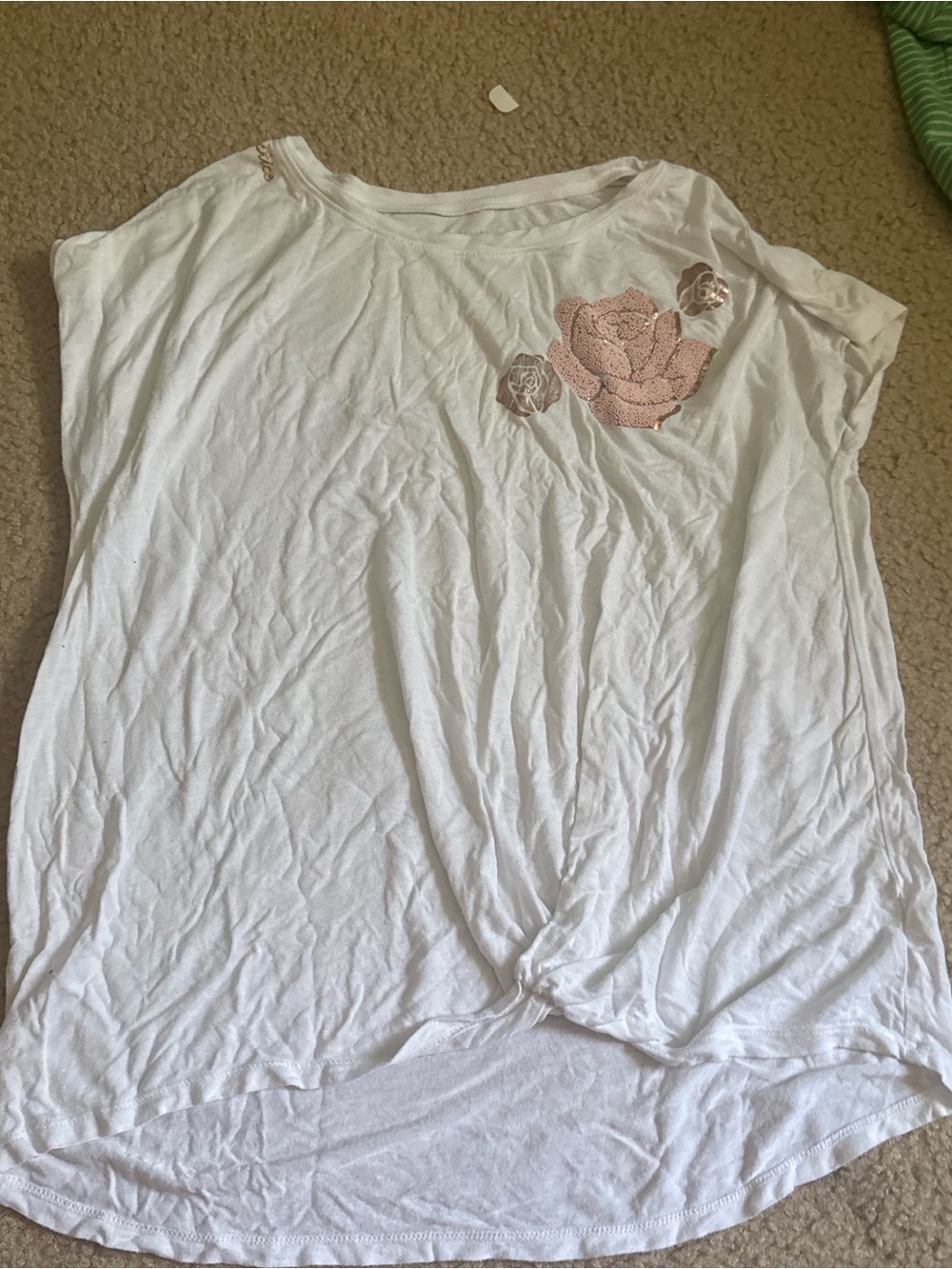 Justice White Tee with Pink Rose Appliqués